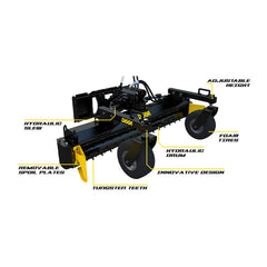 Digga power rake features — hydraulic slew, tungsten teeth, foam tires, removable spoil plates