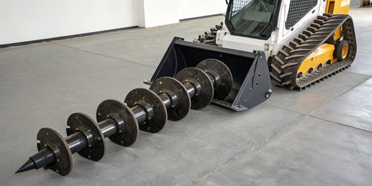 The best rock auger attachment for a skid steer, featuring a heavy-duty bit for drilling rock.