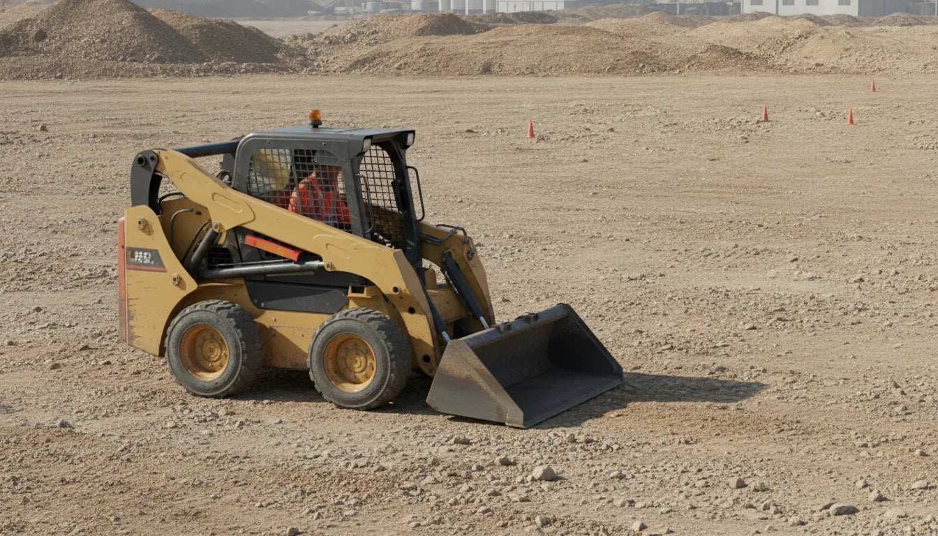 Skid steer using an open four-in-one bucket on a gravel worksite