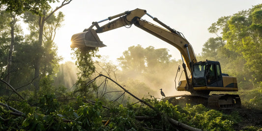One of the best excavator brush cutters clearing dense vegetation and trees.
