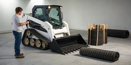 A skid steer equipped with a top-rated silt fence installer attachment.