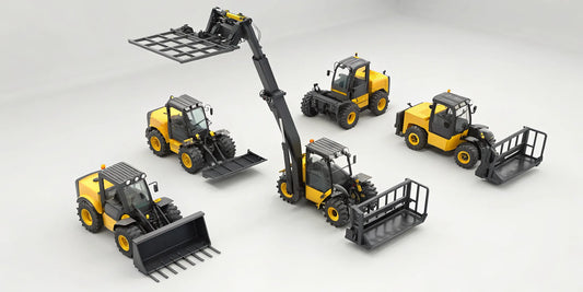 A telehandler with six common attachments including forks, buckets, and work platforms.