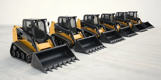 Aftermarket bucket attachments mounted on a row of yellow skid steer loaders.
