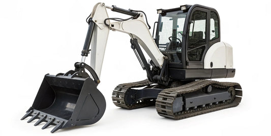 A mini excavator equipped with a rotating log grapple attachment.