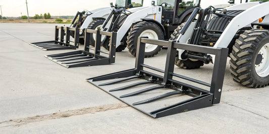 Quick attach pallet forks for a tractor used for lifting heavy loads.