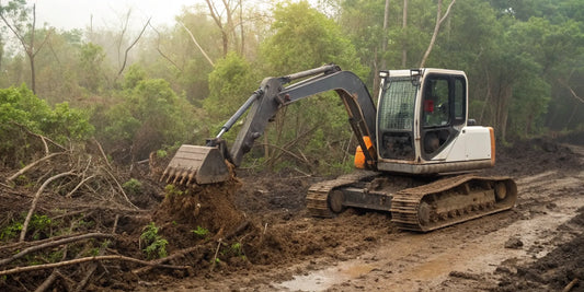 A mini excavator uses a brush cutter attachment to clear overgrown brush and small trees.