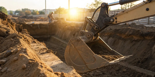 A hydraulic thumb for a mini excavator gripping logs and debris at a work site.