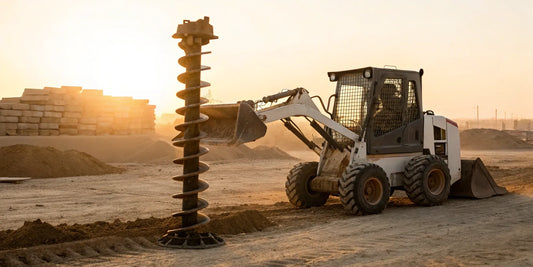 Blue Diamond skid steer auger drilling into soil at a construction site.