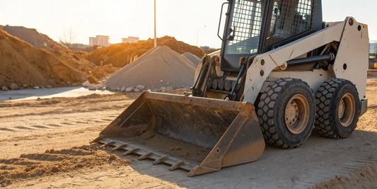 A skid steer using a Bradco bucket attachment for heavy-duty work.