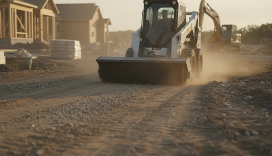 Skid steer with an angle broom attachment sweeping a construction site