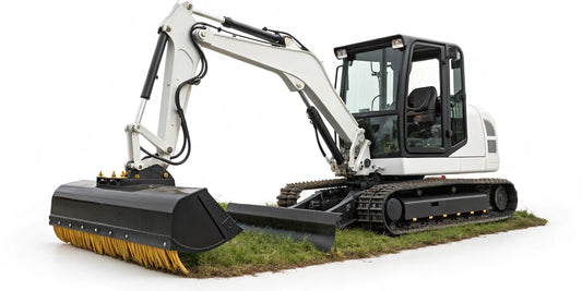 Mini excavator with a brush cutter attachment clearing thick brush and overgrowth.