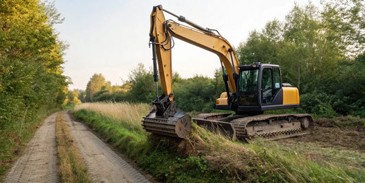An excavator brush cutter attachment clearing thick brush and small trees.