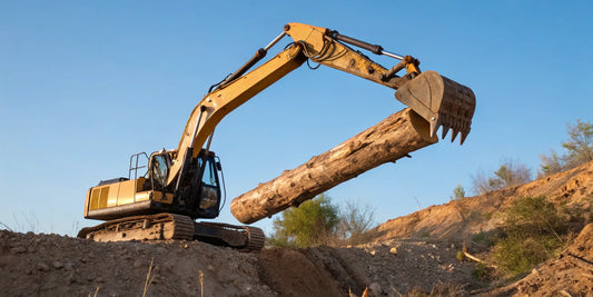 Chinese mini excavator using a hydraulic thumb to lift a large log.