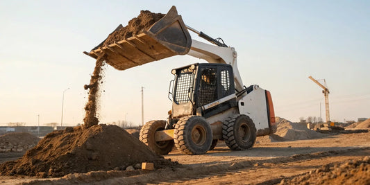 A mini skid steer using a grapple bucket to clear brush and debris.