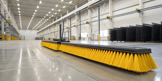 A skid steer broom with new yellow replacement bristles.