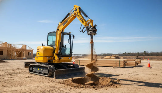Excavator auger attachment drilling a post hole on a jobsite
