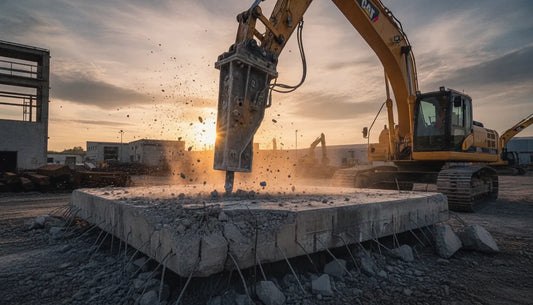 Excavator fitted with a hydraulic concrete breaker attachment demolishing a concrete slab on a construction site