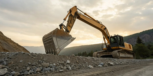 An excavator grading bucket for sale leveling soil on a construction site.
