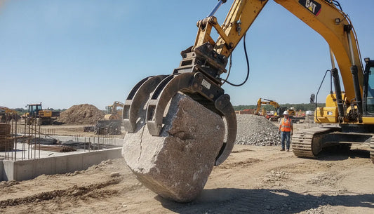 An excavator with a heavy-duty steel rigid thumb attachment grasping a granite rock on a construction site