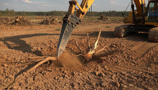 Excavator ripper attachment breaking compacted ground
