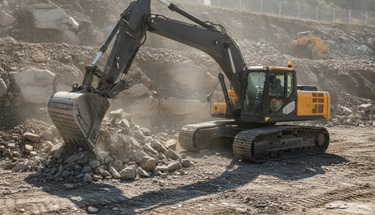 Tracked excavator using a rugged rock bucket on a rocky construction site
