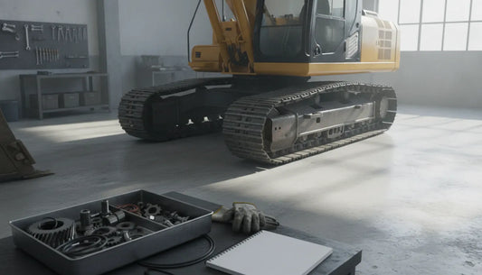 Tracked excavator and replacement components prepared for a maintenance inspection