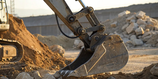 An excavator thumb bracket mounted on an excavator arm next to the bucket.