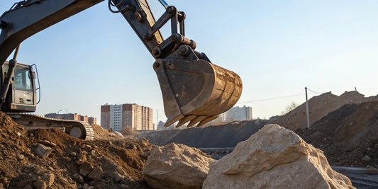 An excavator thumb with a heavy-duty design gripping rocks with the bucket.