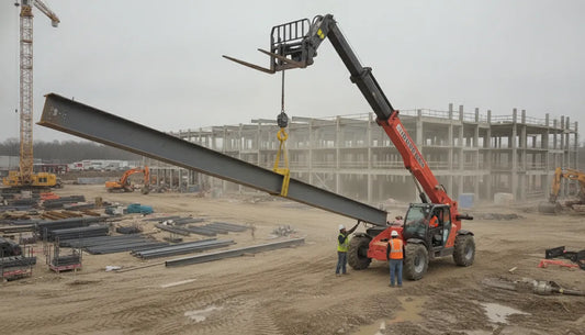 Fork mounted swivel hook attachment on a telehandler lifting on a construction site