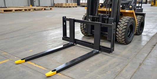 Heavy duty clamp-on pallet forks attached to a skid steer bucket.