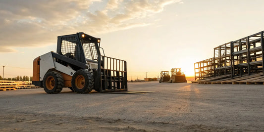 Heavy-duty pallet forks on a skid steer for sale in Texas.