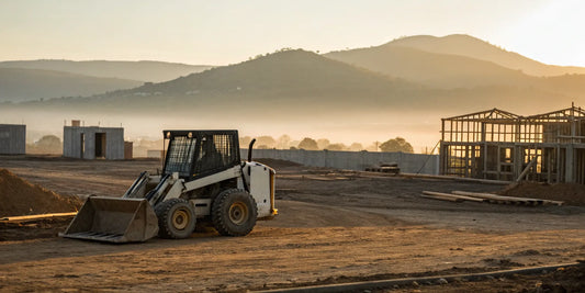 Heavy duty pallet forks on a skid steer at a construction site.