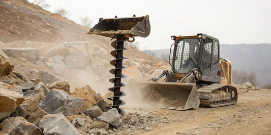 Heavy-duty rock auger bit on a skid steer drilling into rocky ground.