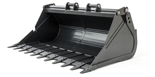 Heavy-duty skid steer grapple bucket with reinforced steel tines and frame.