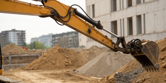 A hydraulic cylinder mounted on a mini excavator thumb.