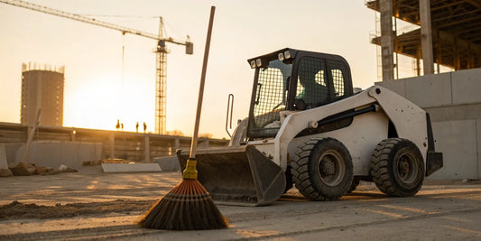 Skid steer using a broom with bucket attachment to clean a job site.