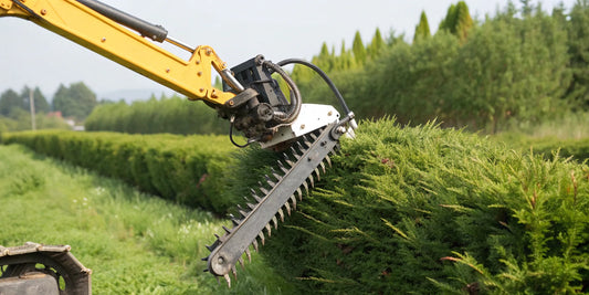 Excavator brush cutter attachment clearing overgrown brush in a field.