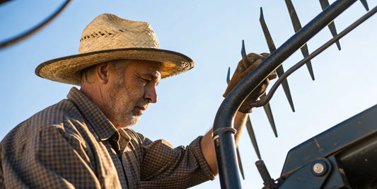 Farmer checking the features of a bale spear attachment on a tractor.