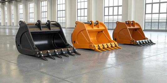 A selection of rock grapple bucket attachments for a skid steer.