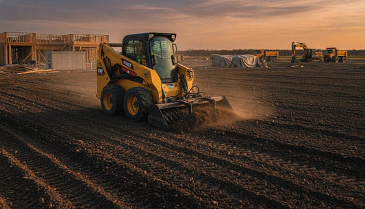Skid steer with power rake attachment grading soil on a construction site