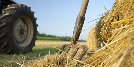 A tractor using a bale spear attachment to lift a round hay bale.