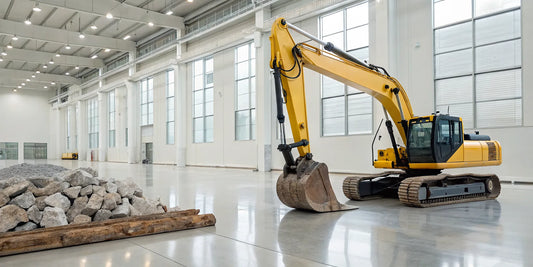 Yellow excavator arm and bucket before the installation of a weld on thumb.