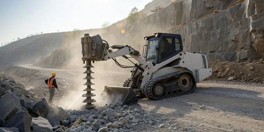 A skid steer with an auger attachment drilling into rock.
