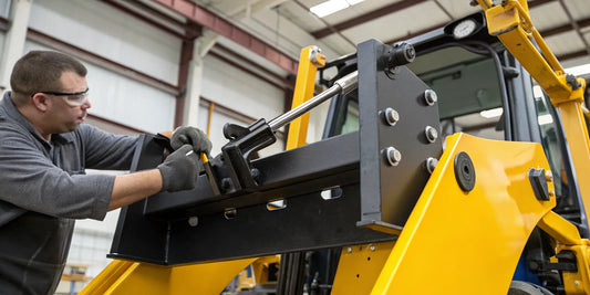 Man installing a universal quick attach adapter on a tractor loader.