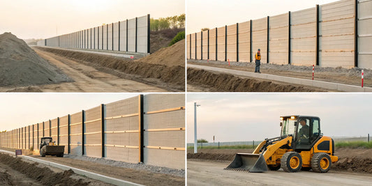 A skid steer installs a silt fence with an installer attachment.