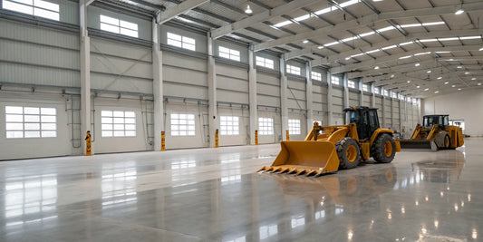 A yellow telehandler with a general purpose bucket attachment.