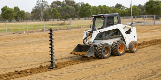 A skid steer uses a post hole digger attachment to dig a hole in the ground.