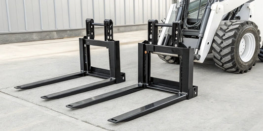 Hydraulic pallet forks attached to a skid steer loader's universal quick attach plate.
