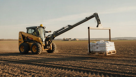 Compact skid steer loader lifting suspended material with a steel jib boom attachment on a sunlit jobsite