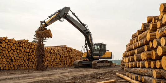 Log grapple attachment on an excavator stacking large logs.